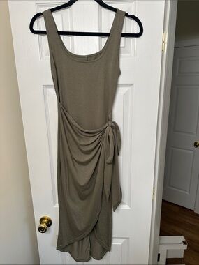 Olive Sleeveless Asymmetrical Tie-Waist Midi Dress